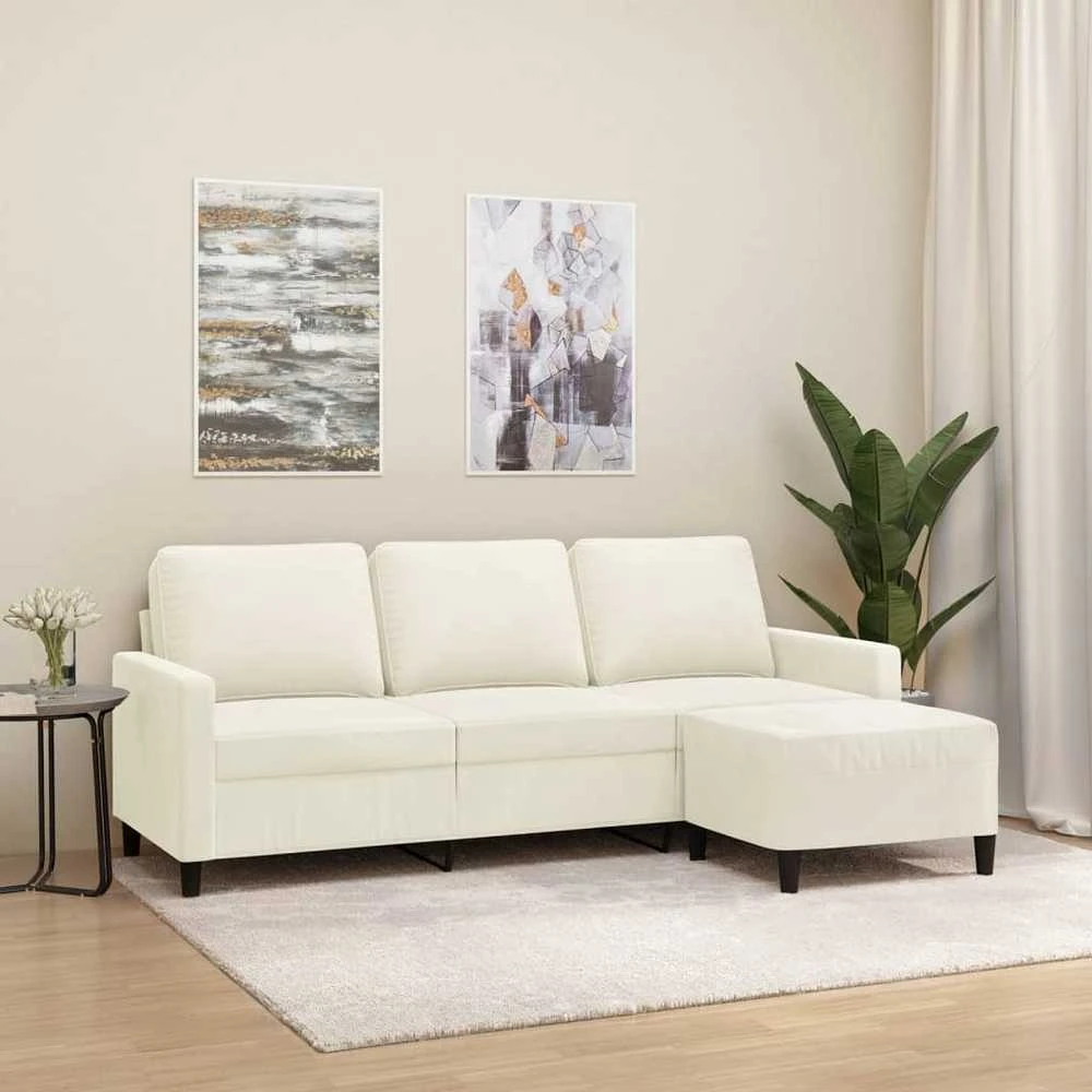 Trivietė sofa su pakoja, kreminės spalvos, 180cm, aksomas