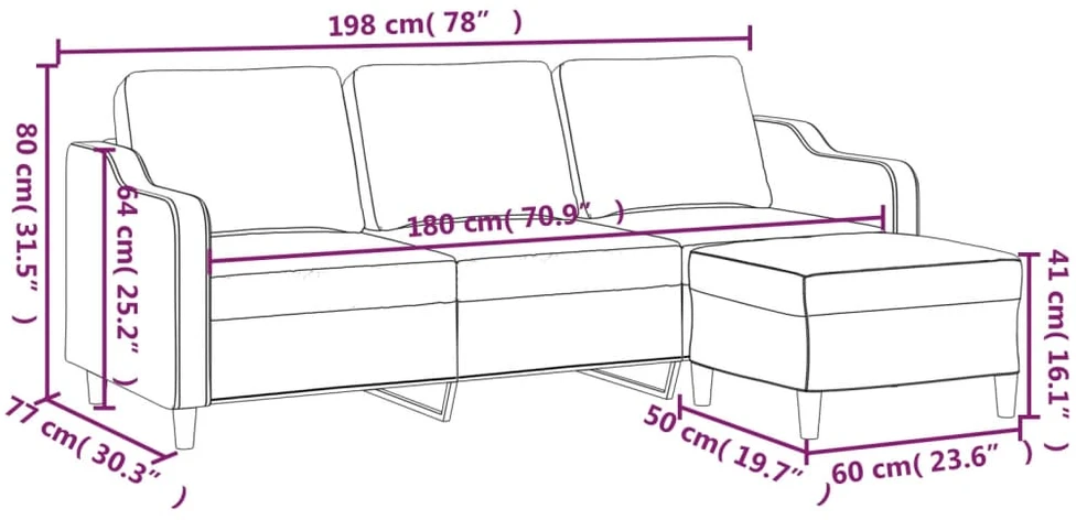 Trivietė sofa su pakoja, kreminės spalvos, 180cm, audinys