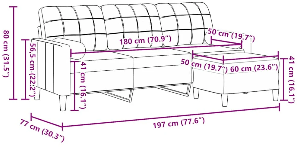 Trivietė sofa su pakoja, kreminės spalvos, 180cm, aksomas
