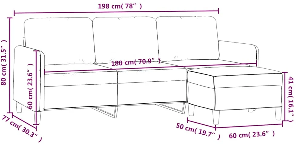 Trivietė sofa su pakoja, kreminės spalvos, 180cm, aksomas