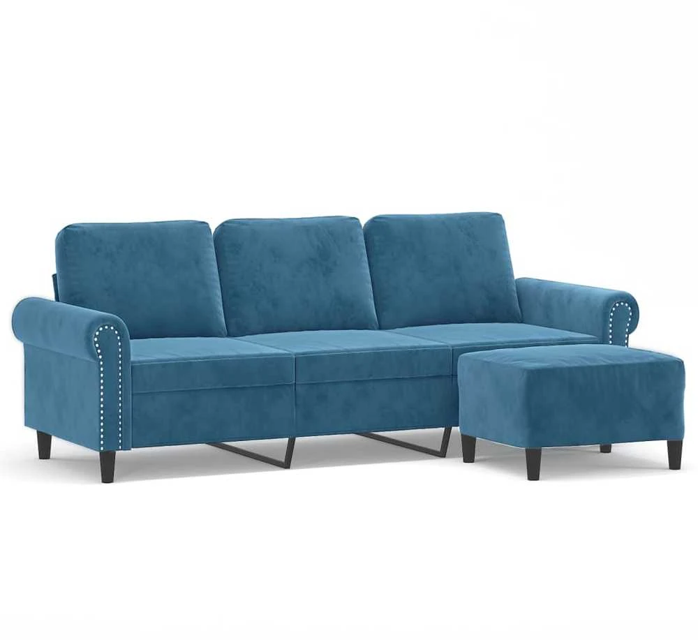 Trivietė sofa su pakoja, mėlynos spalvos, 180cm, aksomas
