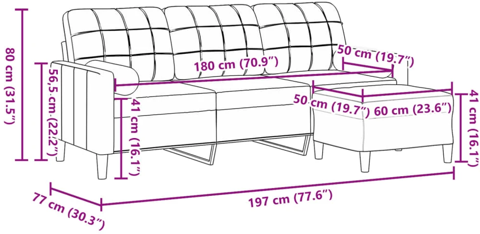 Trivietė sofa su pakoja, rožinės spalvos, 180cm, aksomas
