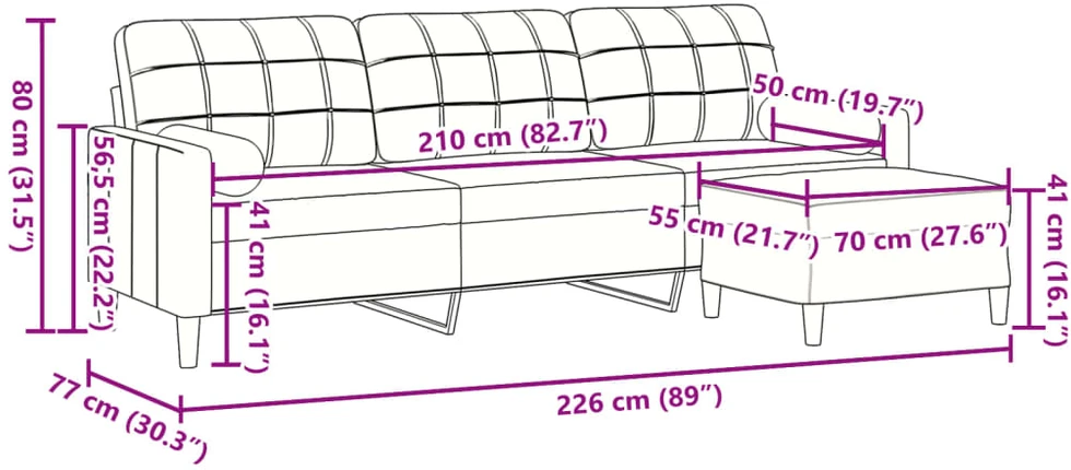 Trivietė sofa su pakoja, tamsiai pilkos spalvos, 210cm, aksomas