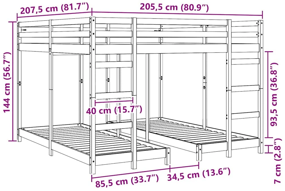 Trivietis lovos rėmas Balta 200 x 200 cm Kietos pušies mediena
