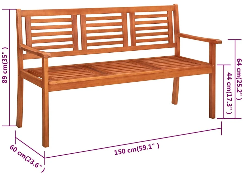 Trivietis sodo suoliukas su pagalvėle, 150cm, eukalipto masyvas