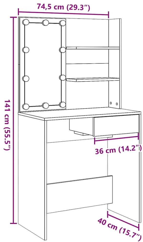 tualetinis staliukas su LED Old Wood 74,5x40x141 cm