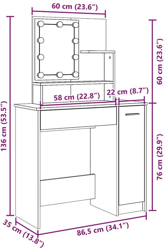 tualetinis staliukas su LED Old Wood 86,5x35x136 cm
