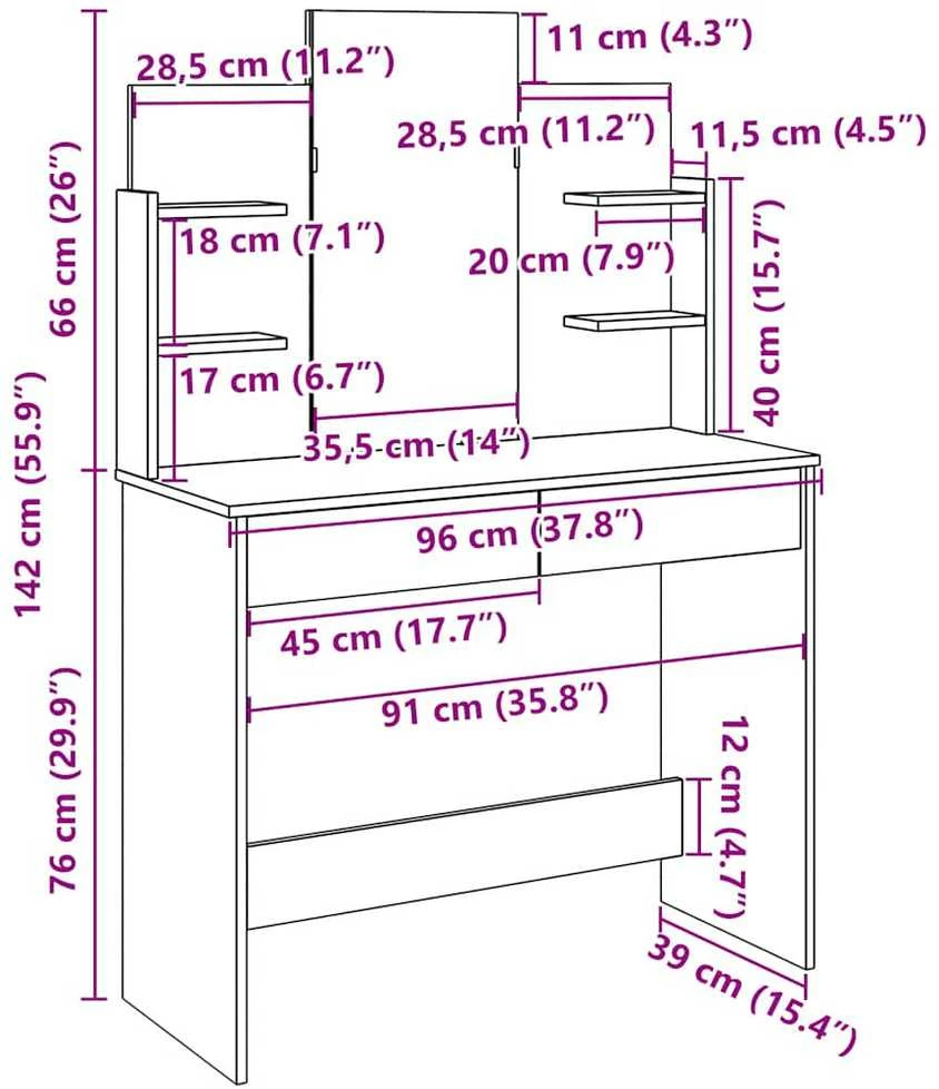 tualetinis staliukas su veidrodžiu Old Wood 96x39x142 cm