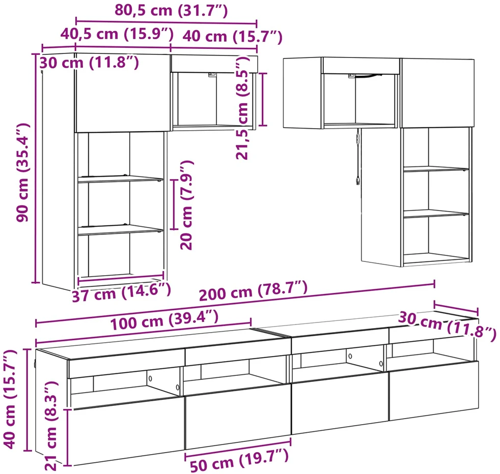 TV staliukas TV sieniniai vienetai 6 vnt. Juodas ąžuolas Apdirbta mediena