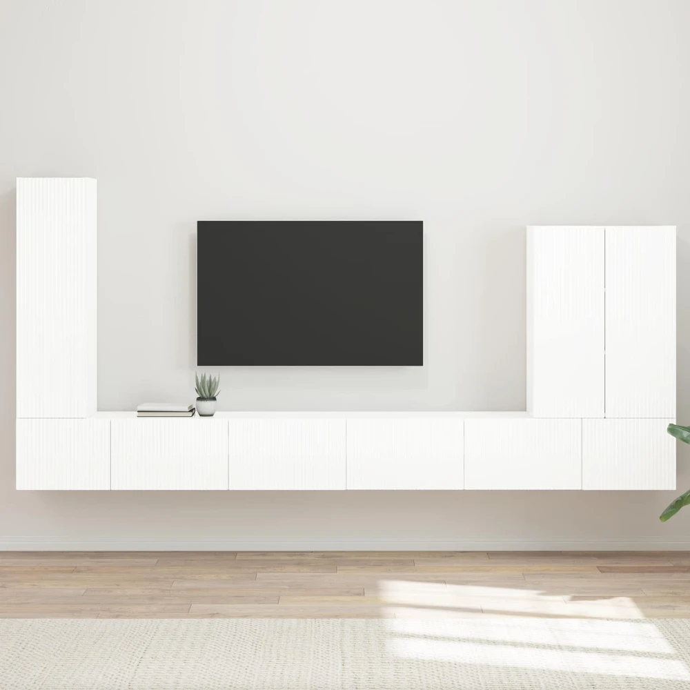 TV staliukas TV sieninio kabineto komplektas 6 vnt. Aukštai blizganti balta