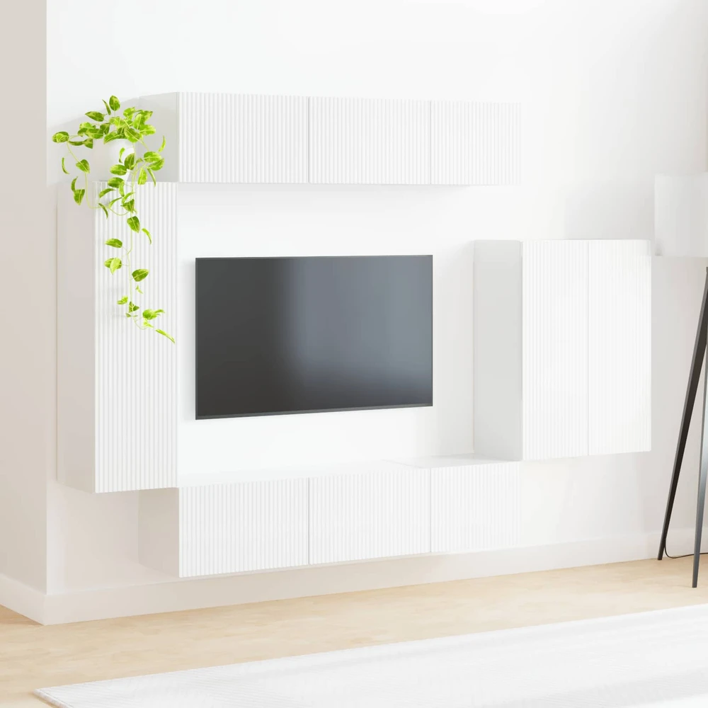 TV staliukas TV sieninio kabineto komplektas 6 vnt. Aukštai blizganti balta