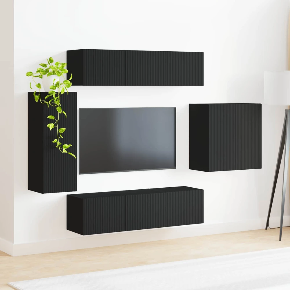 TV staliukas TV sieninio kabineto komplektas 6 vnt. Juoda