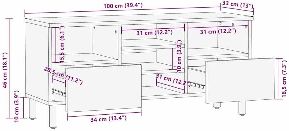 Televizoriaus spintelė Solid Acacia Wood 100 x 33,5 x 46 cm