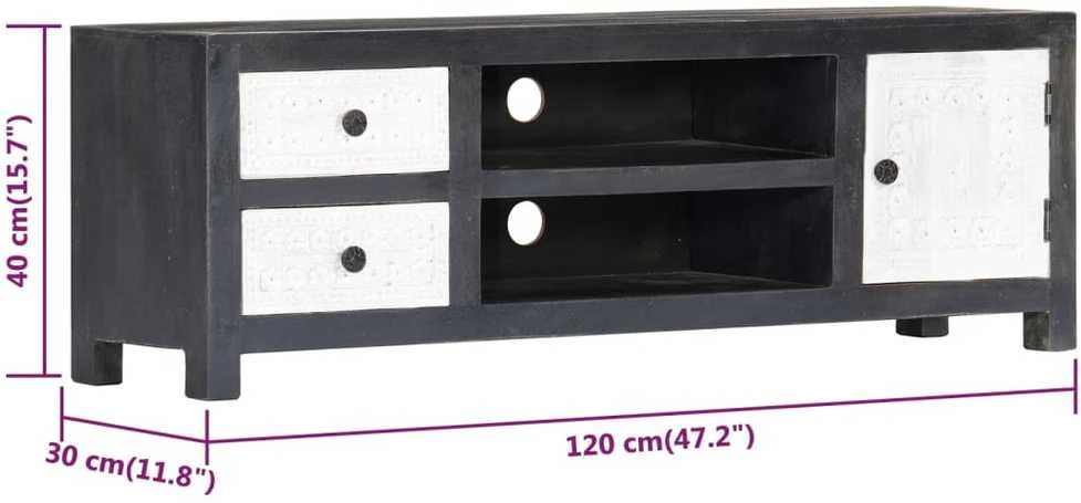 TV staliukas TV spintelė, pilka/balta, 120x30x40cm, mango masyvas, raižyta