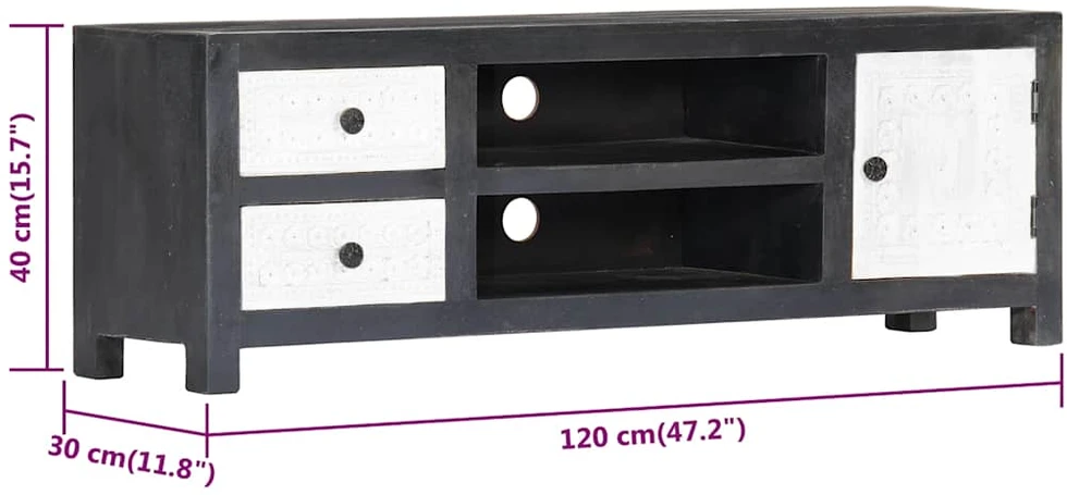 TV staliukas TV spintelė, pilka/balta, 120x30x40cm, mango masyvas, raižyta