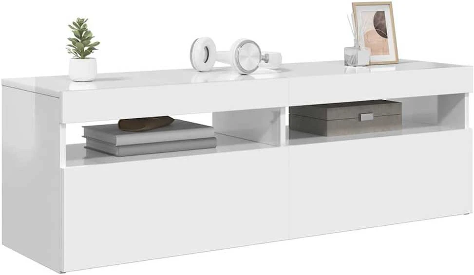 TV staliukas TV spintelė su LED apšvietimu, balta, 120x35x40cm, blizgi