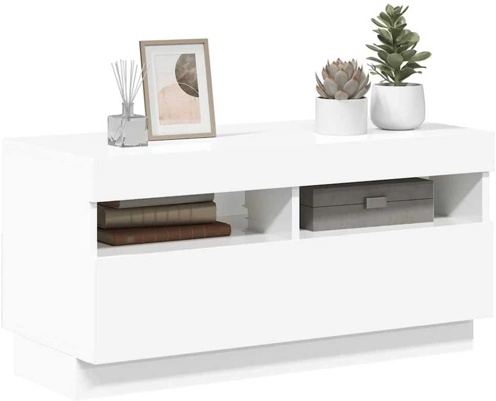 TV staliukas TV spintelė su LED apšvietimu, balta, 80x35x40cm, blizgi