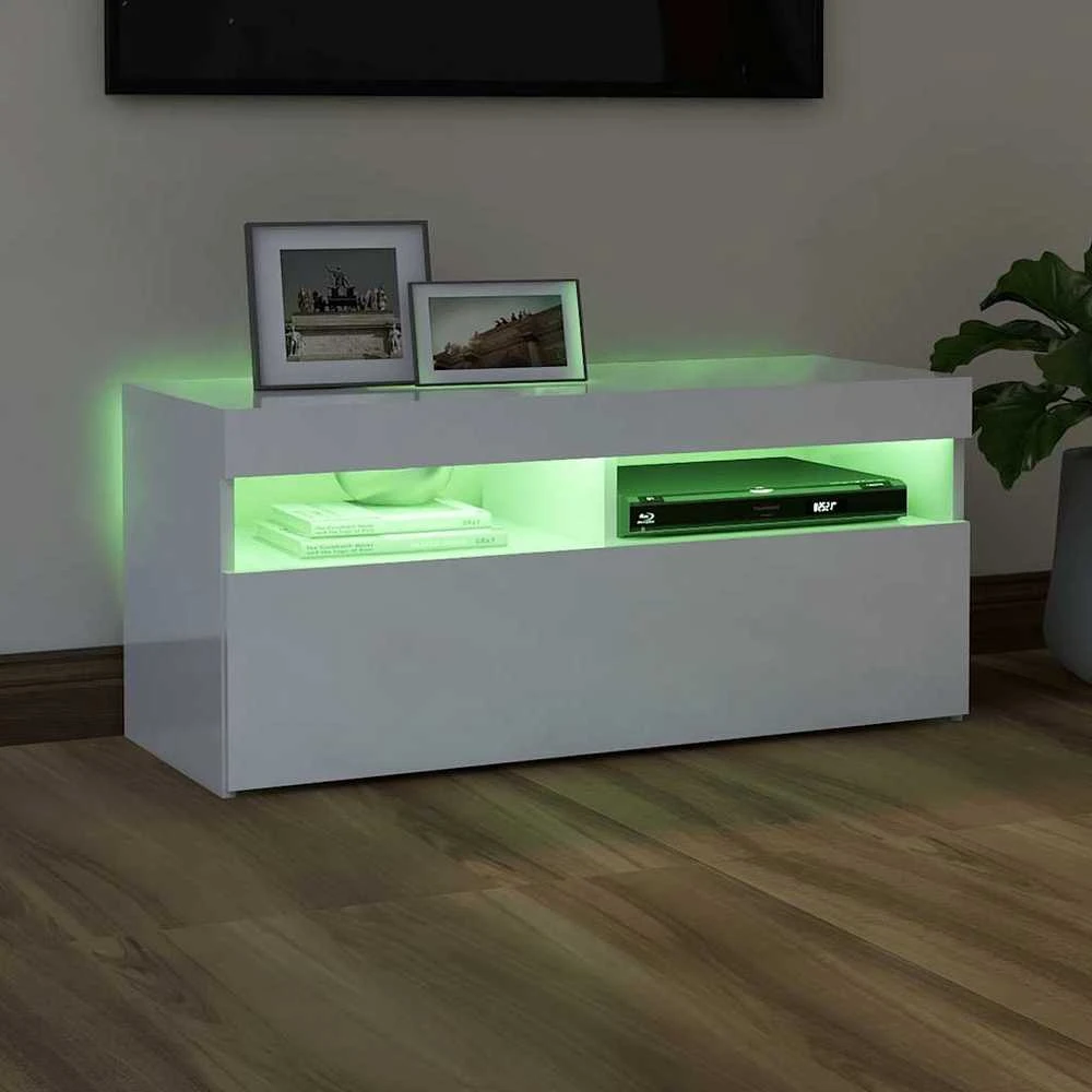 TV staliukas TV spintelė su LED apšvietimu, balta, 90x35x40cm, blizgi