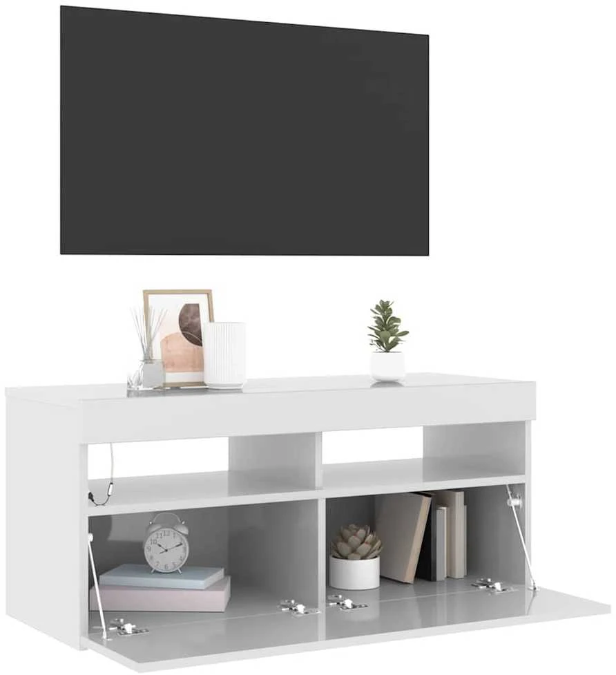 TV staliukas TV spintelė su LED apšvietimu, balta, 90x35x40cm, blizgi