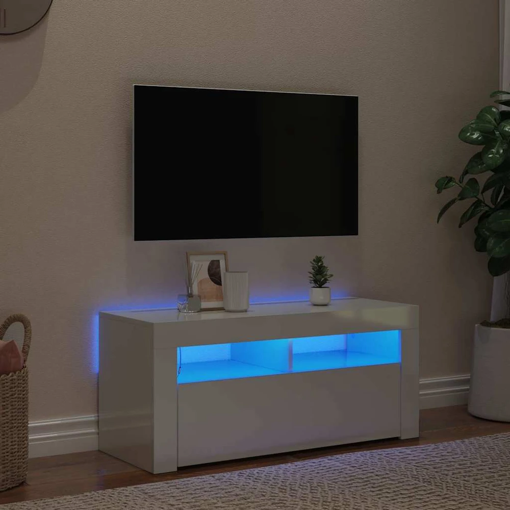 TV staliukas TV spintelė su LED apšvietimu, balta, 90x35x40cm, blizgi