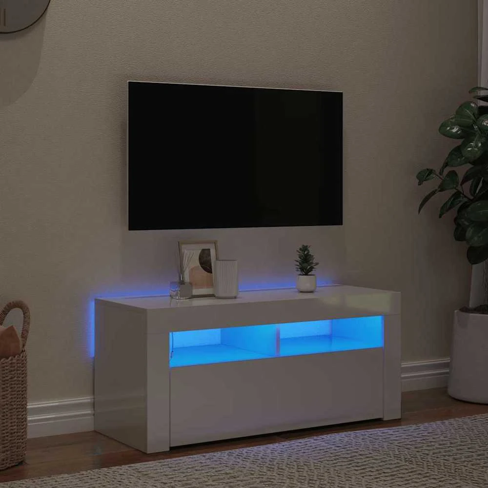 TV staliukas TV spintelė su LED apšvietimu, balta, 90x35x40cm, blizgi