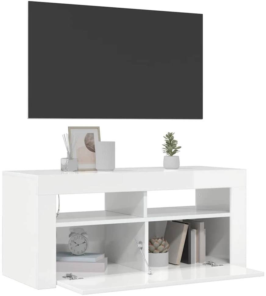 TV staliukas TV spintelė su LED apšvietimu, balta, 90x35x40cm, blizgi