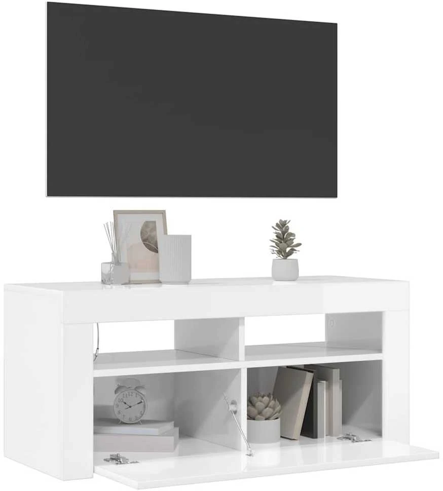 TV staliukas TV spintelė su LED apšvietimu, balta, 90x35x40cm, blizgi