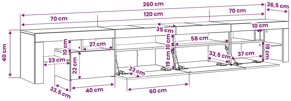 TV staliukas TV spintelė su LED apšvietimu, betono pilka, 260x36,5x40cm