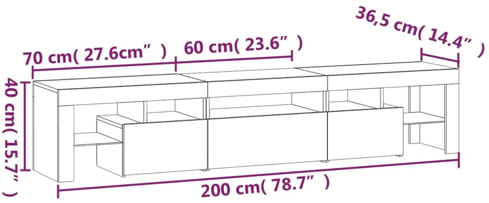 TV staliukas TV spintelė su LED apšvietimu, betono pilka, 200x36,5x40cm