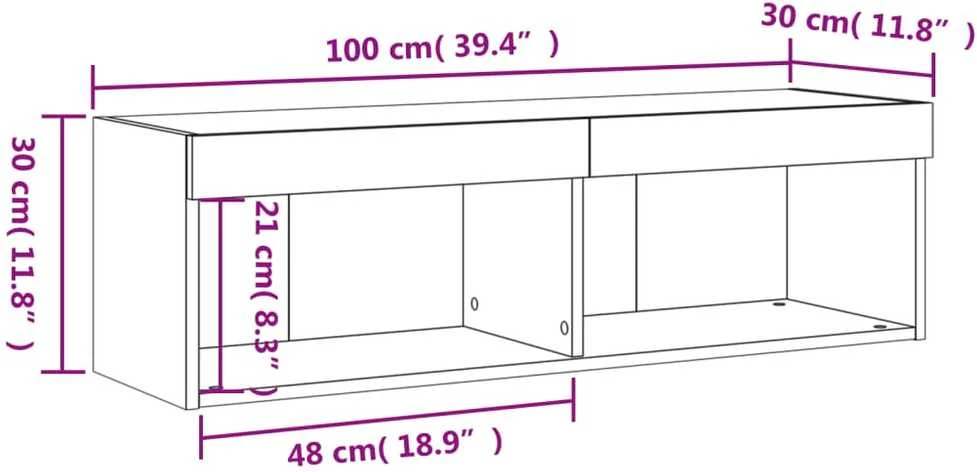 TV staliukas TV spintelė su LED lemputėmis, ąžuolo spalvos, 100x30x30cm