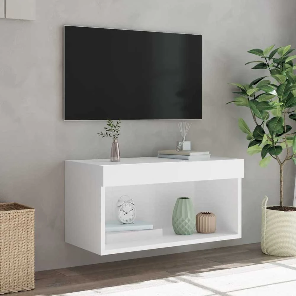 TV staliukas TV spintelė su LED lemputėmis, baltos spalvos, 60x30x30cm