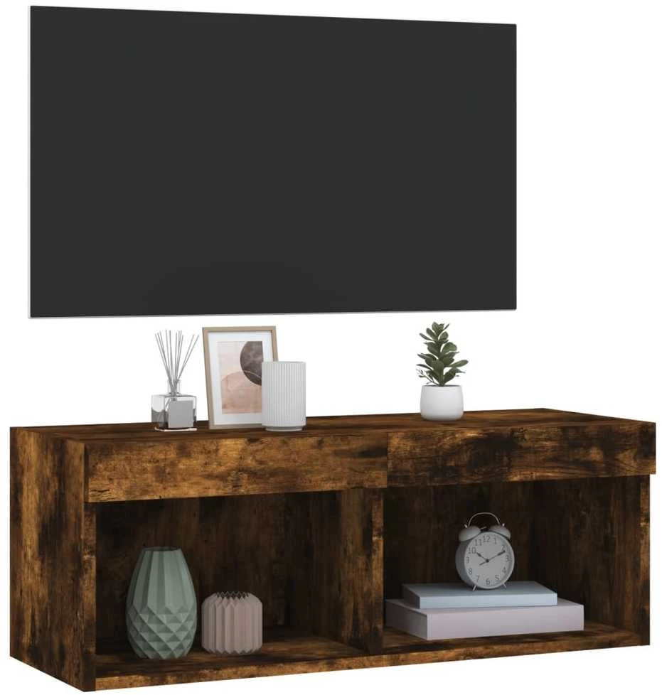 TV staliukas TV spintelė su LED lemputėmis, dūminio ąžuolo, 80x30x30cm