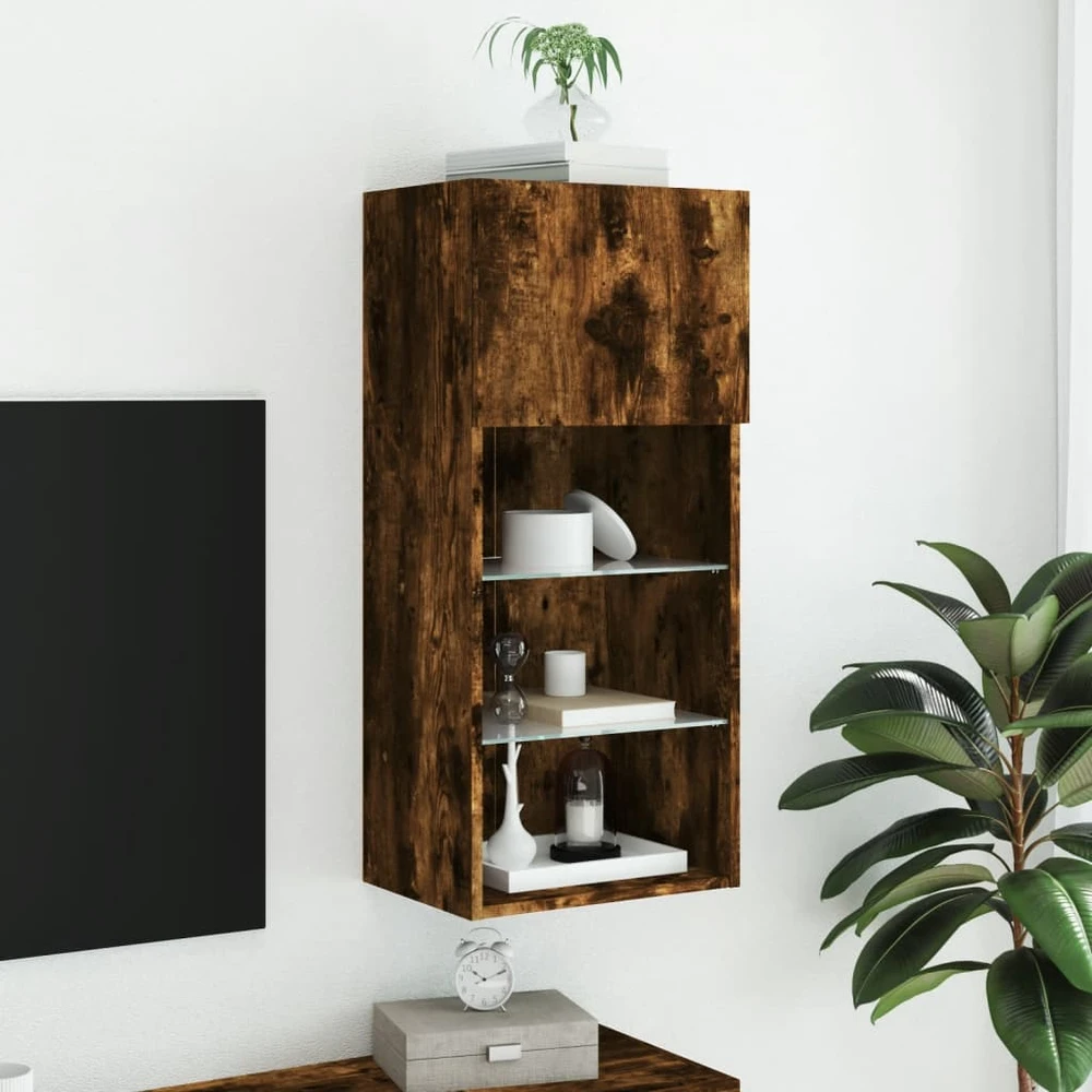 TV staliukas TV spintelė su LED lemputėmis, dūminio ąžuolo, 40,5x30x90cm