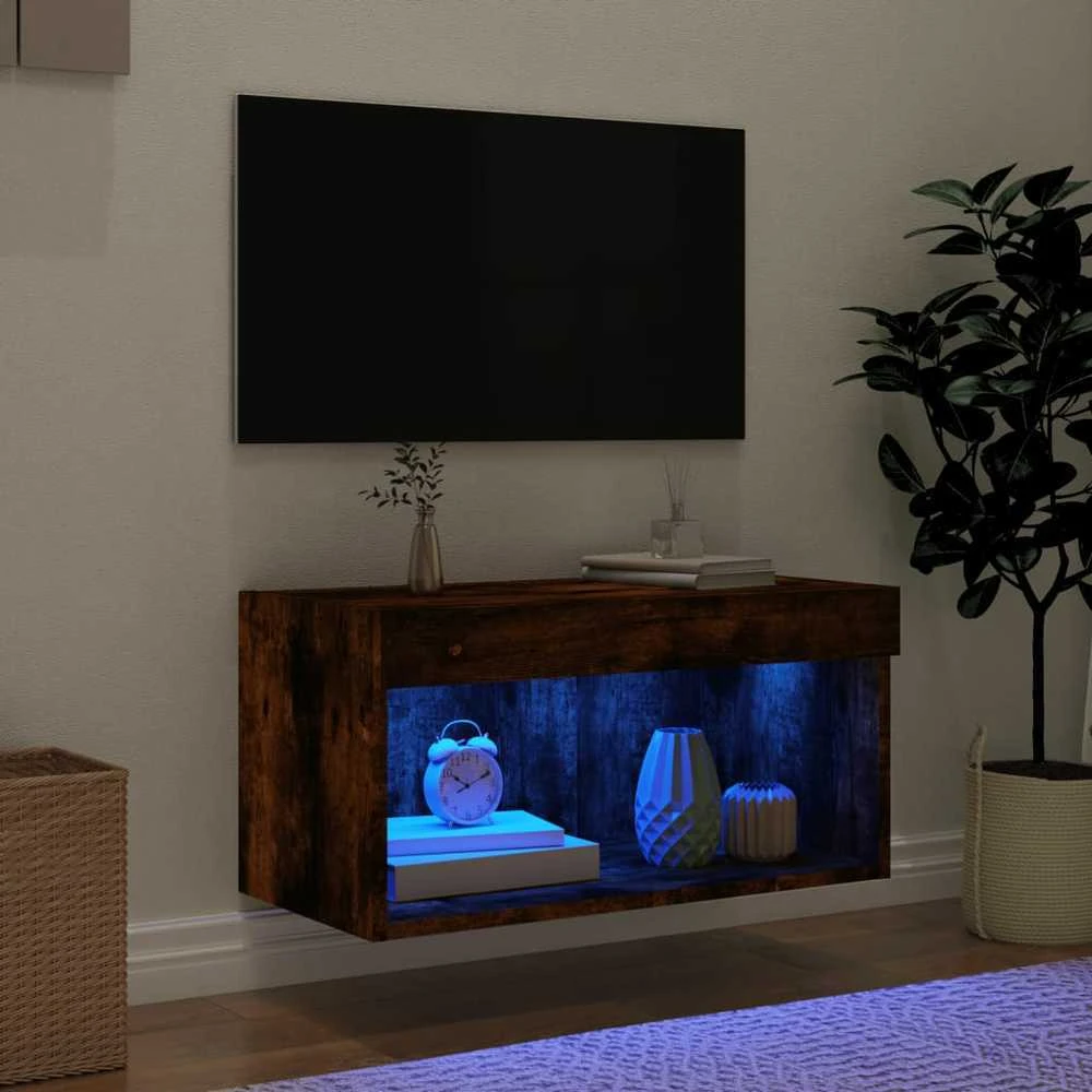 TV staliukas TV spintelė su LED lemputėmis, dūminio ąžuolo, 60x30x30cm