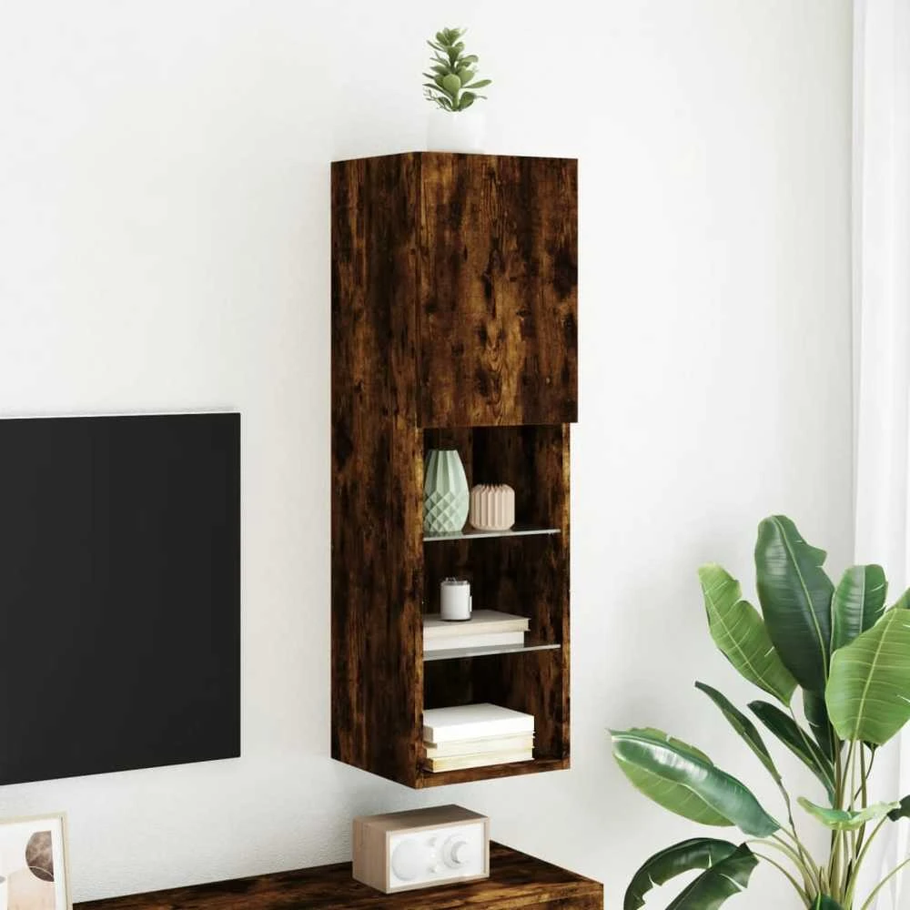 TV staliukas TV spintelė su LED lemputėmis, dūminio ąžuolo, 30,5x30x102cm