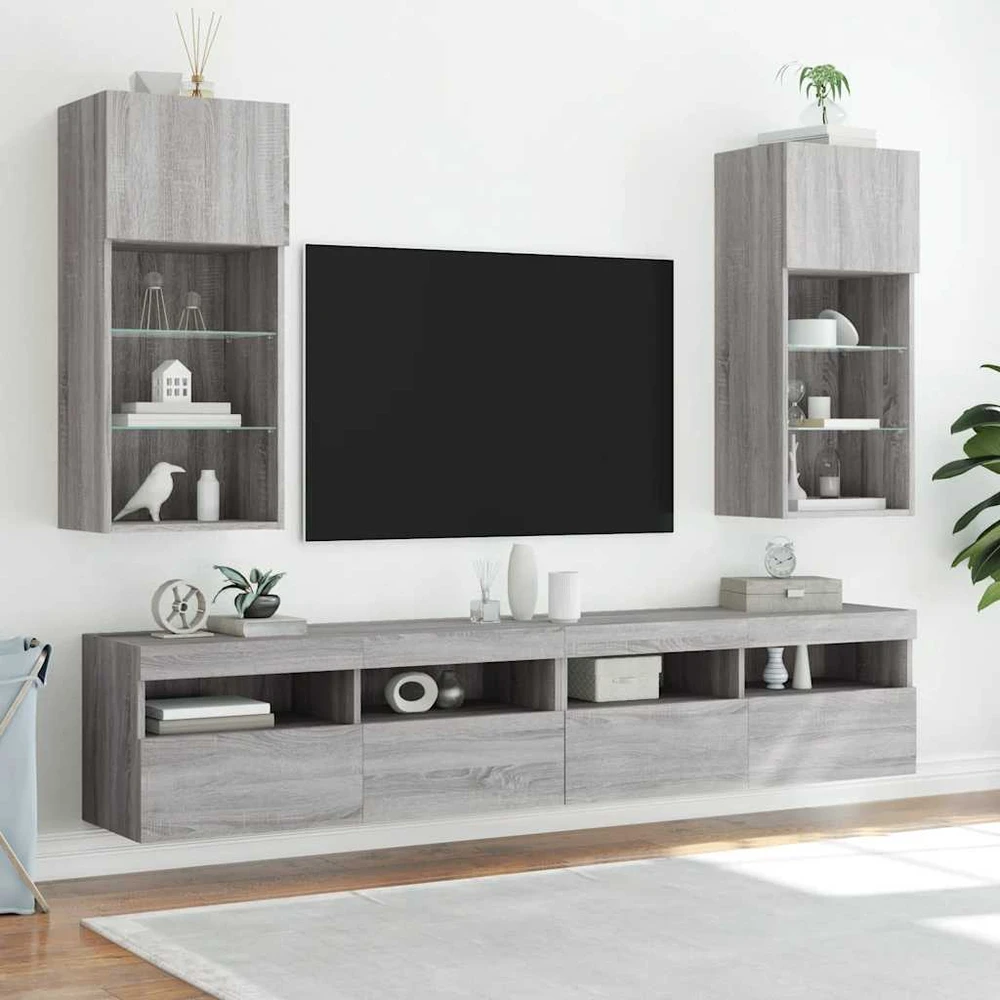 TV staliukas TV spintelė su LED lemputėmis, pilka ąžuolo, 40,5x30x90cm