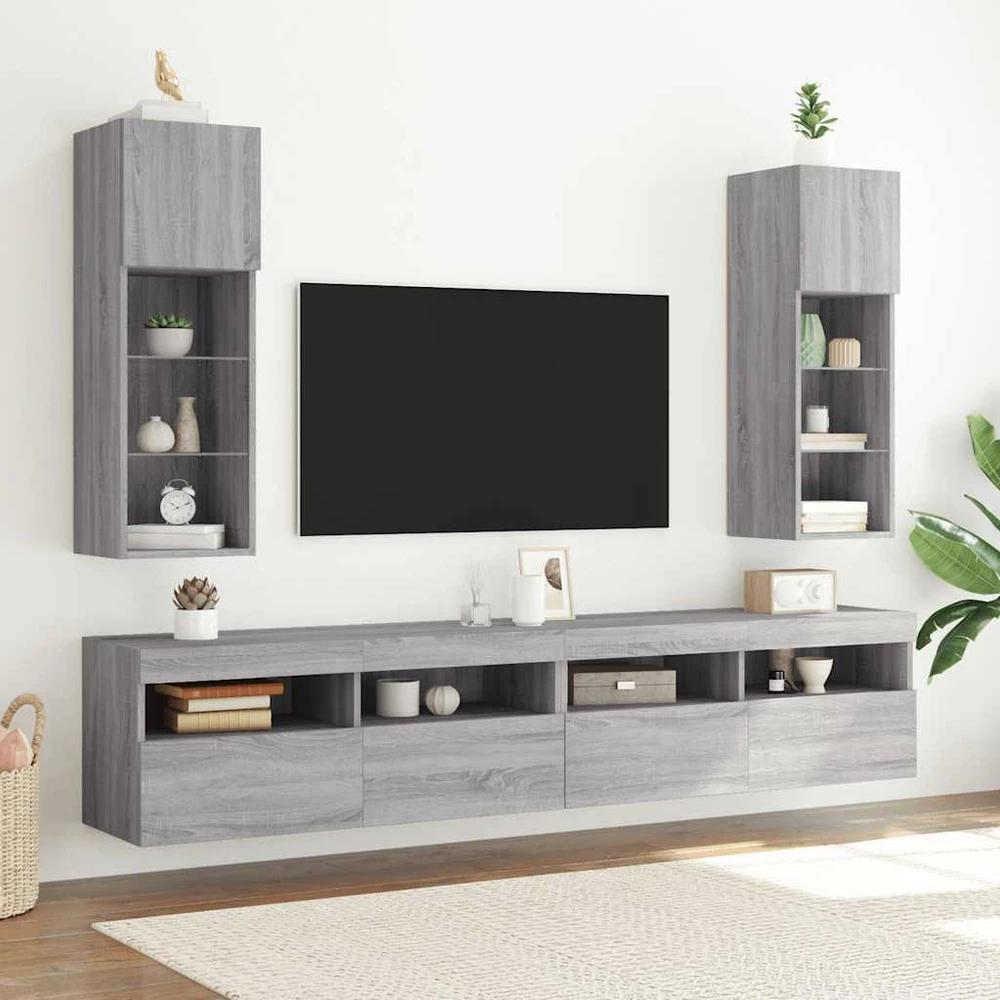 TV staliukas TV spintelė su LED lemputėmis, pilka ąžuolo, 30,5x30x90cm