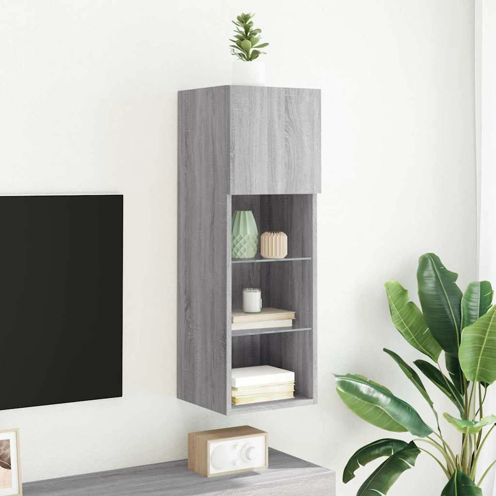 TV staliukas TV spintelė su LED lemputėmis, pilka ąžuolo, 30,5x30x90cm