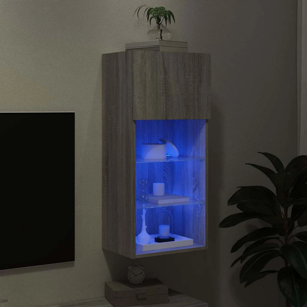 TV staliukas TV spintelė su LED lemputėmis, pilka ąžuolo, 40,5x30x90cm