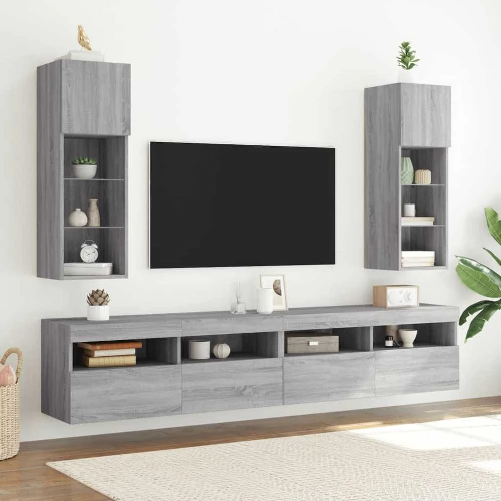 TV staliukas TV spintelė su LED lemputėmis, pilka ąžuolo, 30,5x30x90cm