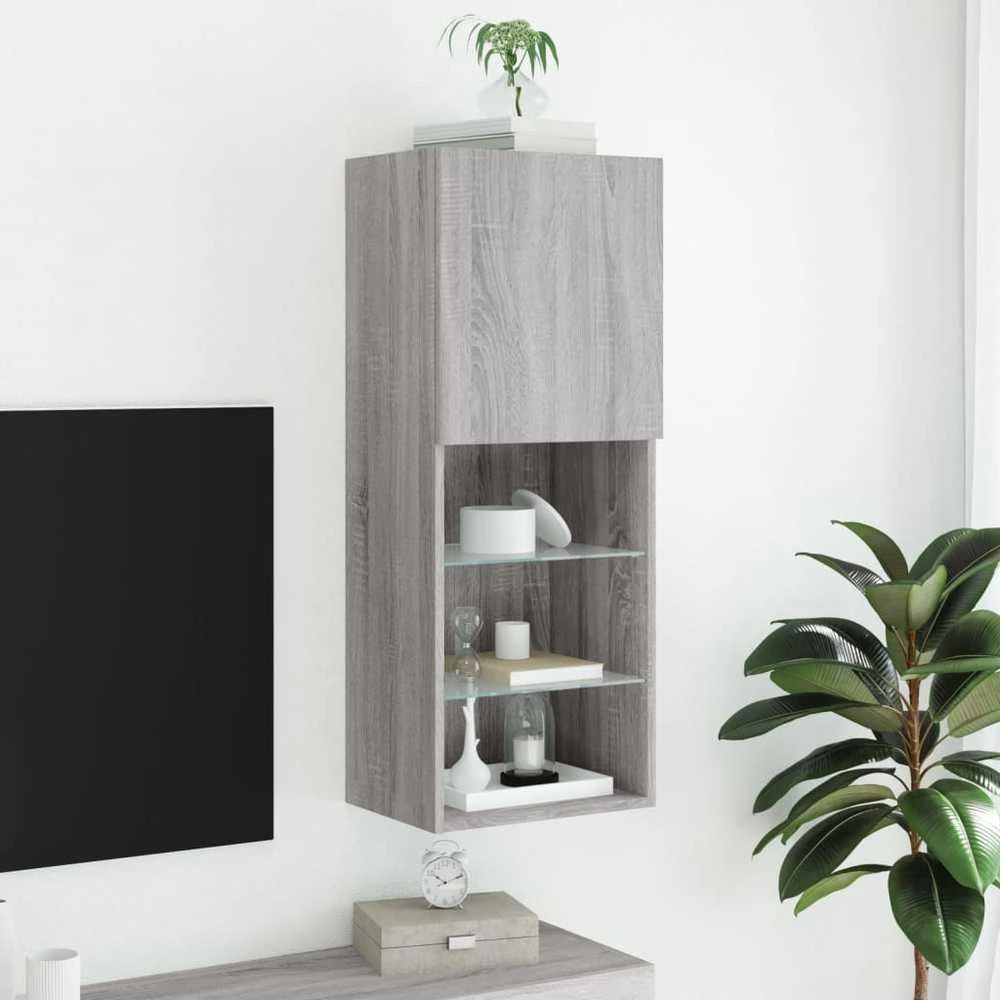 TV staliukas TV spintelė su LED lemputėmis, pilka ąžuolo, 40,5x30x102cm