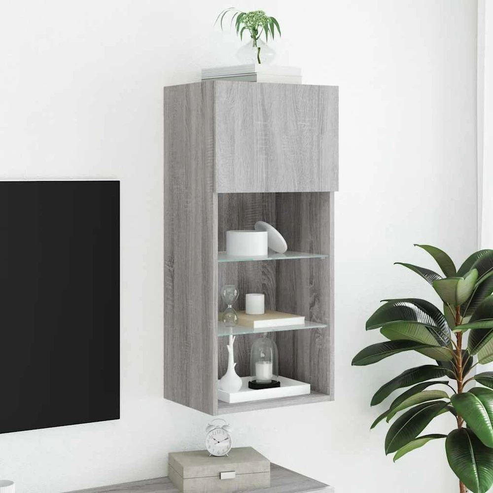 TV staliukas TV spintelė su LED lemputėmis, pilka ąžuolo, 40,5x30x90cm