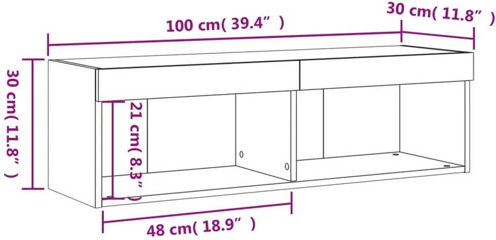 TV staliukas TV spintelė su LED lemputėmis, pilka ąžuolo, 100x30x30cm