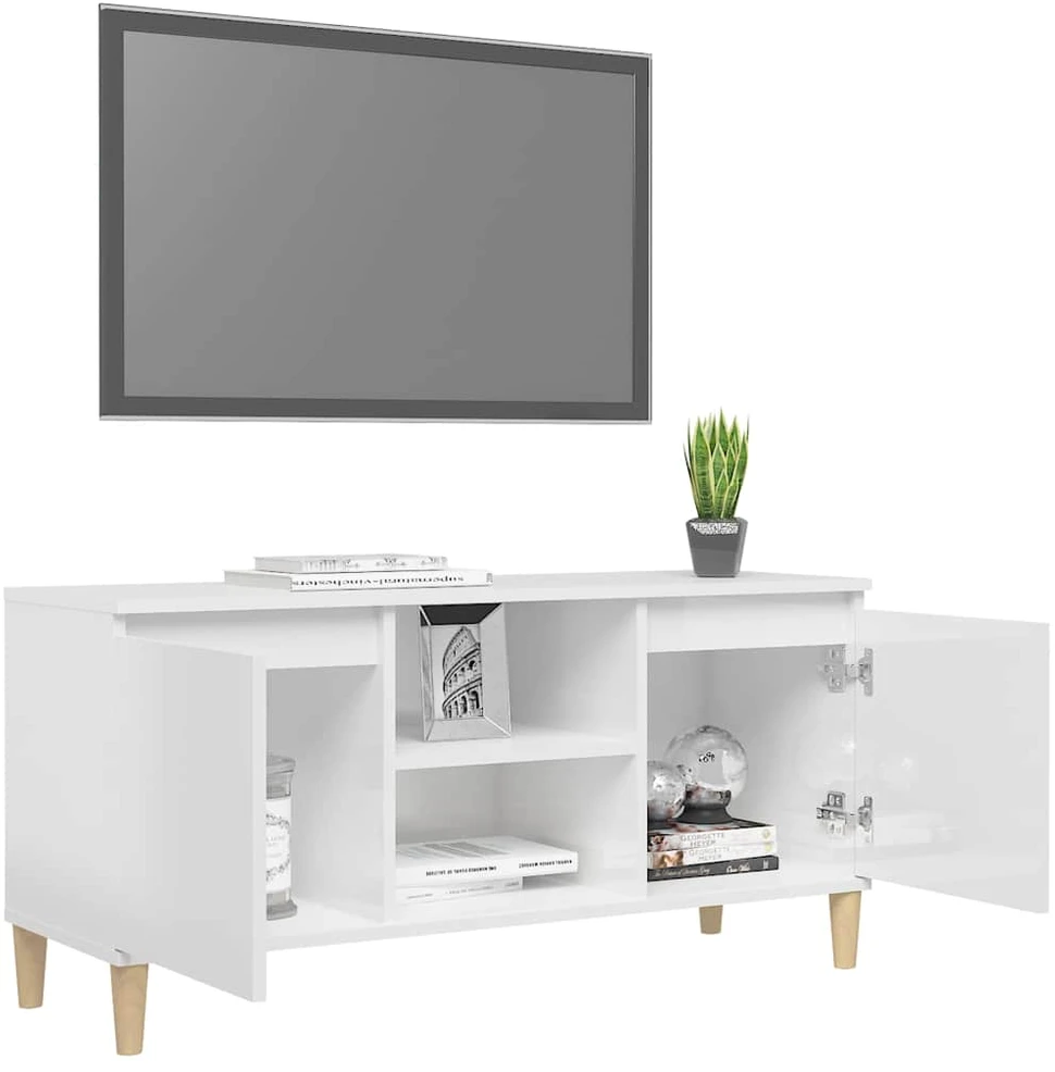 TV staliukas TV spintelė su medinėmis kojelėmis, balta, 103,5x35x50cm