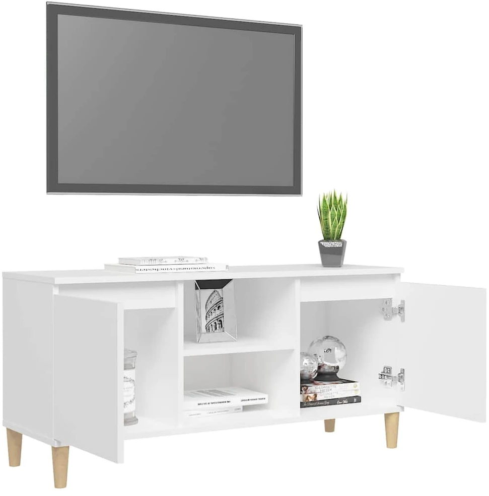 TV spintelė su medinėmis kojelėmis, balta, 103,5x35x50cm