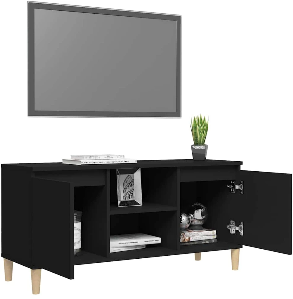 TV staliukas TV spintelė su medinėmis kojelėmis, juoda, 103,5x35x50cm