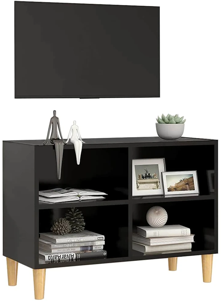 TV staliukas TV spintelė su medinėmis kojelėmis, juoda, 69,5x30x50cm