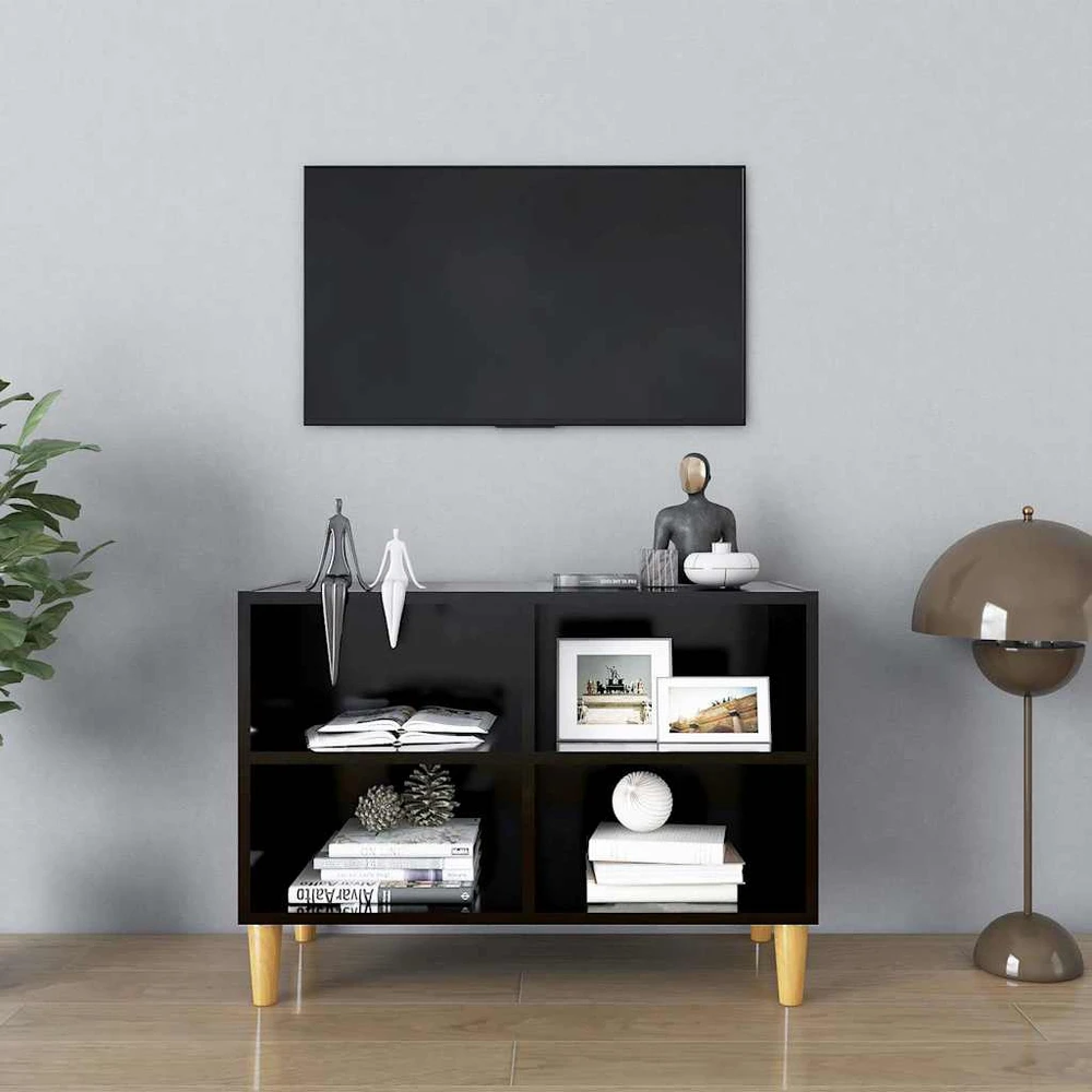 TV staliukas TV spintelė su medinėmis kojelėmis, juoda, 69,5x30x50cm