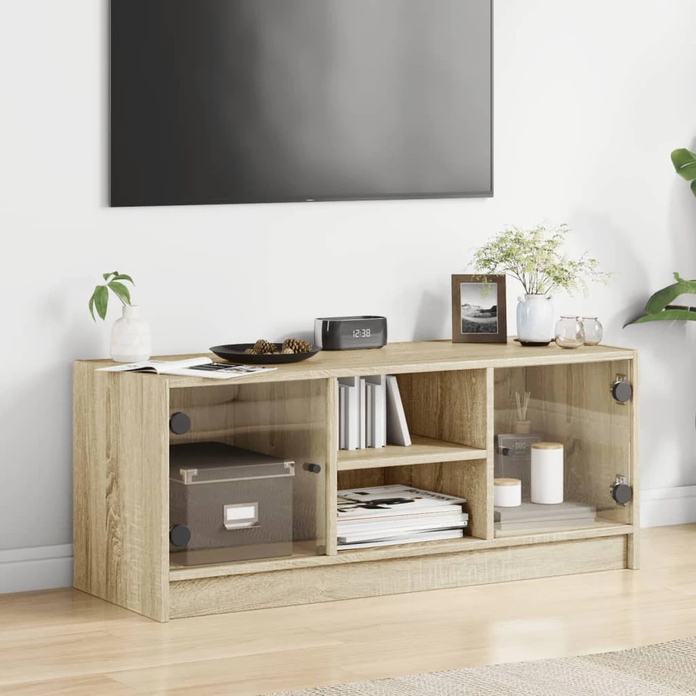 TV staliukas TV spintelė su stiklinėmis durelėmis, ąžuolo, 102x37x42cm