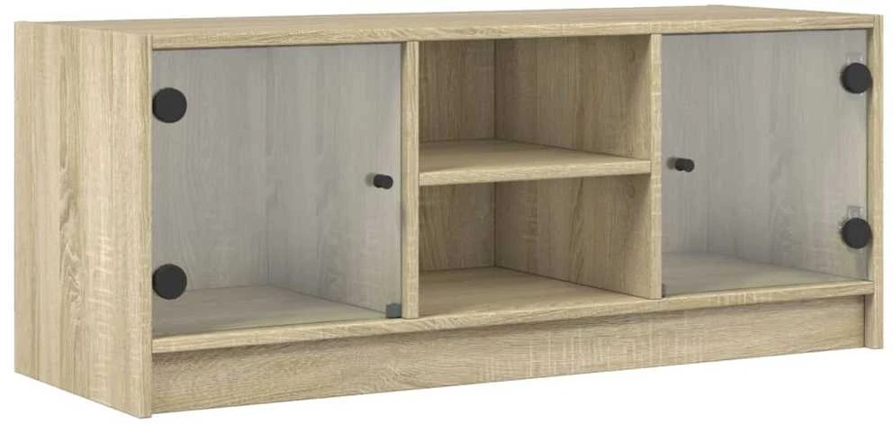 TV staliukas TV spintelė su stiklinėmis durelėmis, ąžuolo, 102x37x42cm